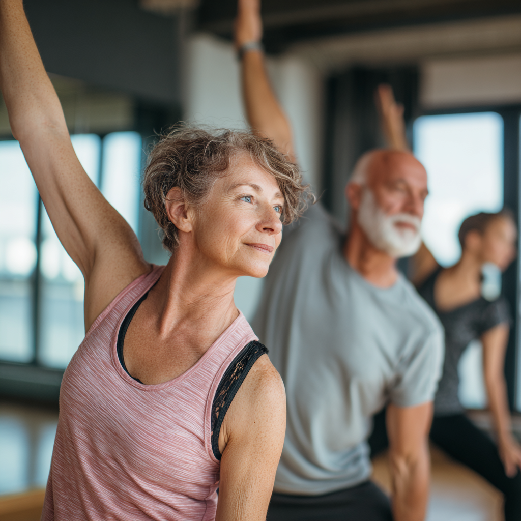 Middle-aged adults practicing gentle stretching exercises in modern fitness studio